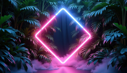 Bright neon diamond shape frame illuminated in pink and blue against a backdrop of lush tropical plants and fog. Background template for creative events, projects, presentations. Copy space