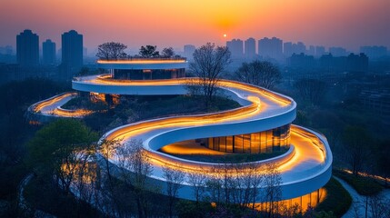 Serpentine building illuminated at sunset, overlooking city skyline.