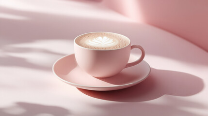 Latte art in a pink cup on a matching saucer with soft shadows and pastel pink background