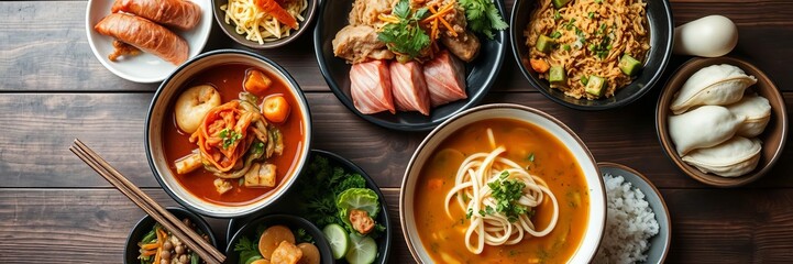 Top view shot of assorted Asian food dishes in colorful bowls on a wooden table, rice, Asian food