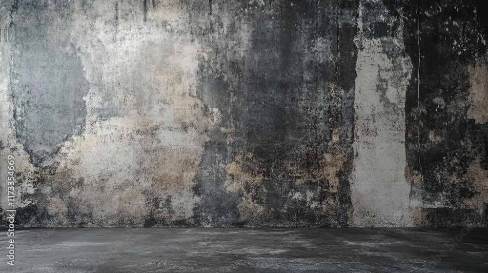Poster a grungy, dark industrial basement room in 3d rendering with subtle white light creating dramatic te