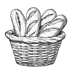 Sketch of bread basket with four baguette loaves.