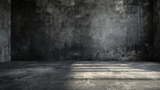 A grungy, dark industrial basement room in 3D rendering with subtle white light creating dramatic textures, perfect for moody and modern photography
