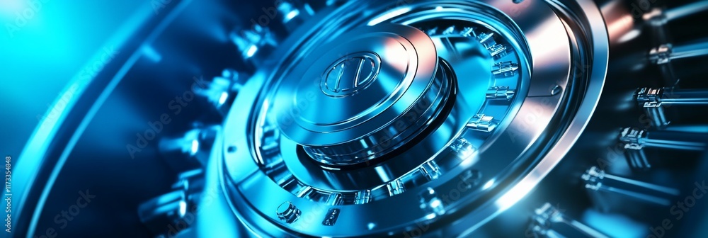 Poster close-up of a futuristic blue metallic vault mechanism with intricate details and a central dial.