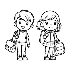 Children Black Outline Holding School Bag with a book Line art vector clipart illustration .
