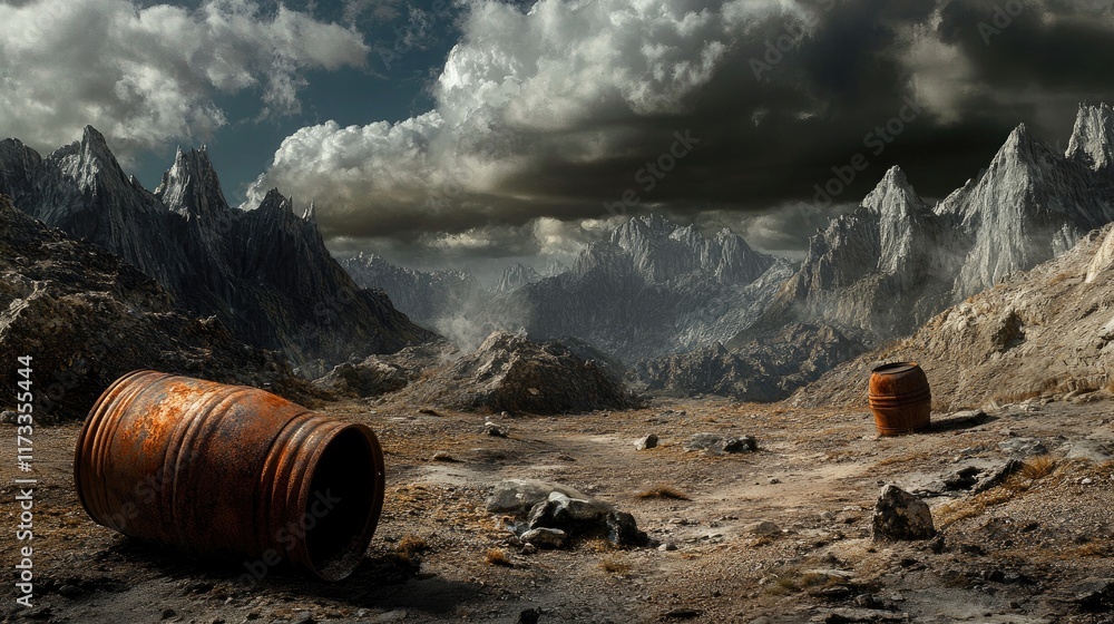 Poster a haunting scene of rusted barrels on dry earth, set against the backdrop of towering, craggy mounta