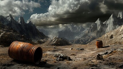 A haunting scene of rusted barrels on dry earth, set against the backdrop of towering, craggy mountains and heavy clouds, symbolizing the effects of pollution and abandonment