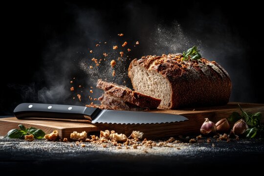 A serrated bread knife cutting through a fresh loaf, with crumbs scattering on a wooden board
