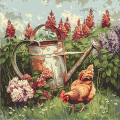 Vector illustration chickens walking, garden watering can and flowers
