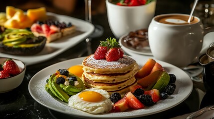 Pancakes, avocado toast, and poached eggs, presented in a decadent breakfast spread with fresh fruits and coffee