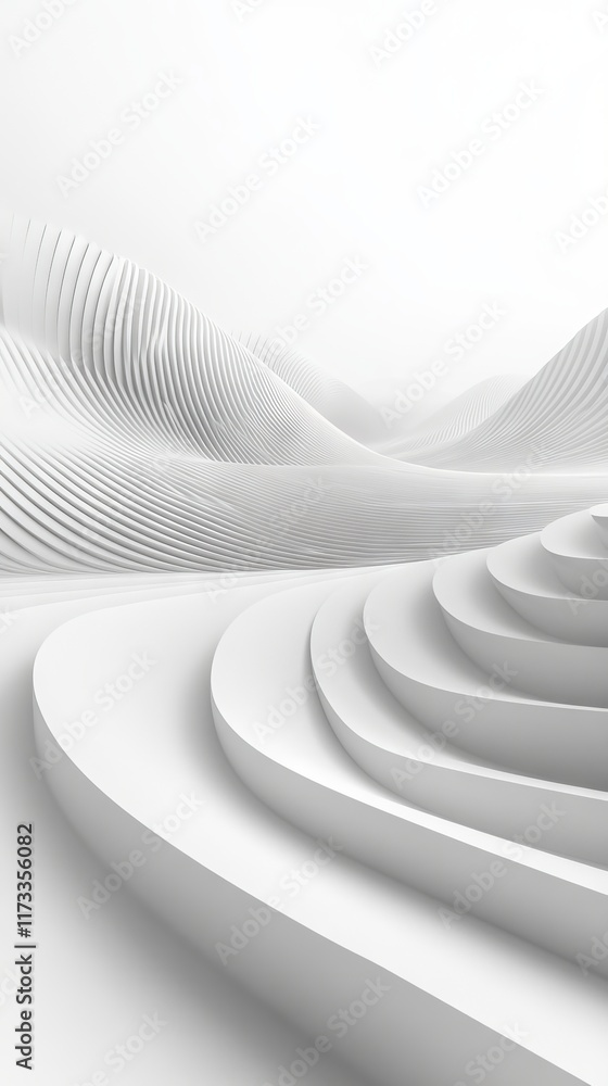 Poster minimalist abstract landscape featuring white geometric curves and layers, creating a serene and mod