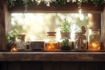 A magical kitchen with floating utensils, enchanted cooking pots, and glowing herbs growing in jars on the countertop