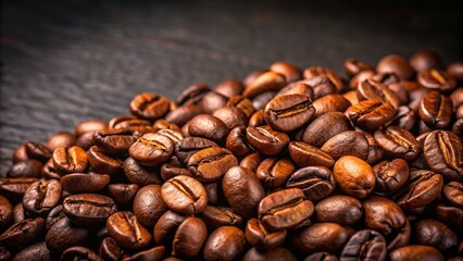 Naklejka premium Brown coffee beans on a dark background with a slight texture and shadows, showcasing their natural shape and aroma