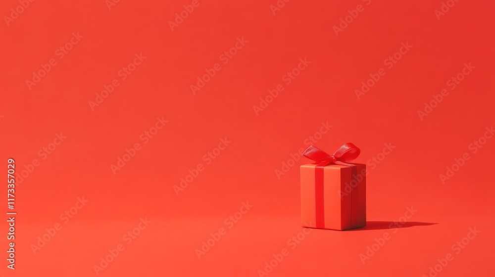 Poster elegant red gift box with a matching ribbon sits on a vibrant red background, creating a perfect vis