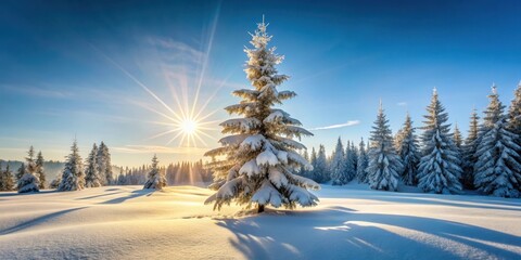 Obraz premium Frosty fir tree standing alone in a vast white snowy landscape with the sun shining through the branches, winter forest, snow covered fir trees
