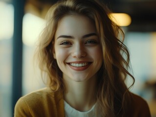 Fototapeta premium Smiling Woman with Elegant Hair and Subtle Makeup
