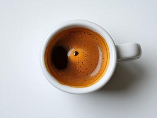 Freshly Brewed Cup of Black Coffee with Frothy Surface in a White Ceramic Mug on a Rustic Wooden Table for Morning Energy and Relaxation Themes