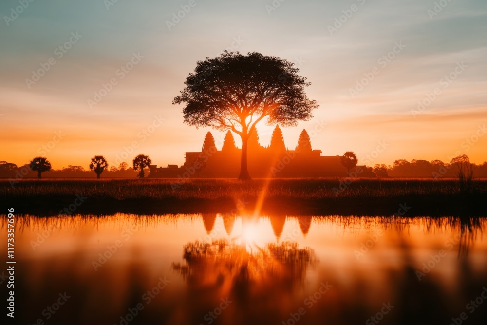 Poster a minimalist depiction of angkor wat silhouetted against a soft gradient sky, with clean and simple 