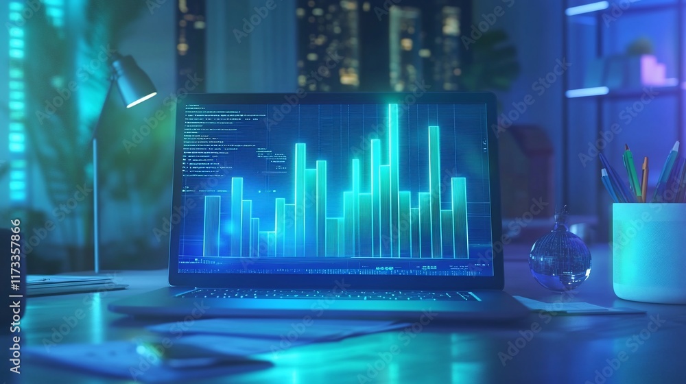 Poster Laptop displaying glowing bar graph and code at night.