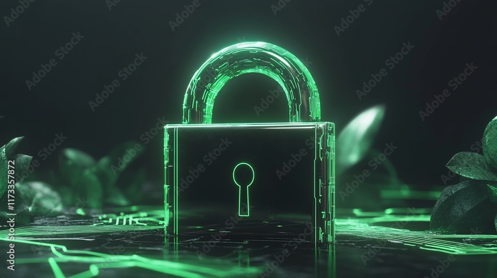 Aufkleber Glowing green padlock on dark background with leaves, representing digital security and data protection.