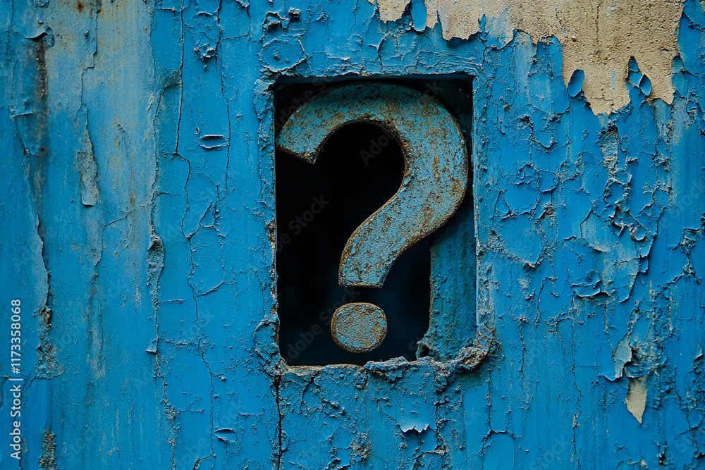 Aufkleber rustic large question mark embedded in aged blue wall with peeling paint