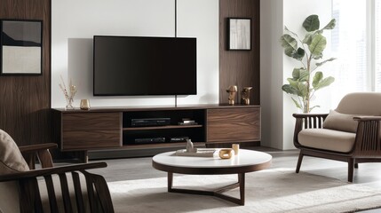 Modern living room with a TV, furniture, and plants, designed for comfort and style.