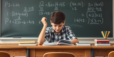 Teenage girl sitting at desk in math class looking stressed and overwhelmed by complex formulas, books and calculator in front of her, teenager, education