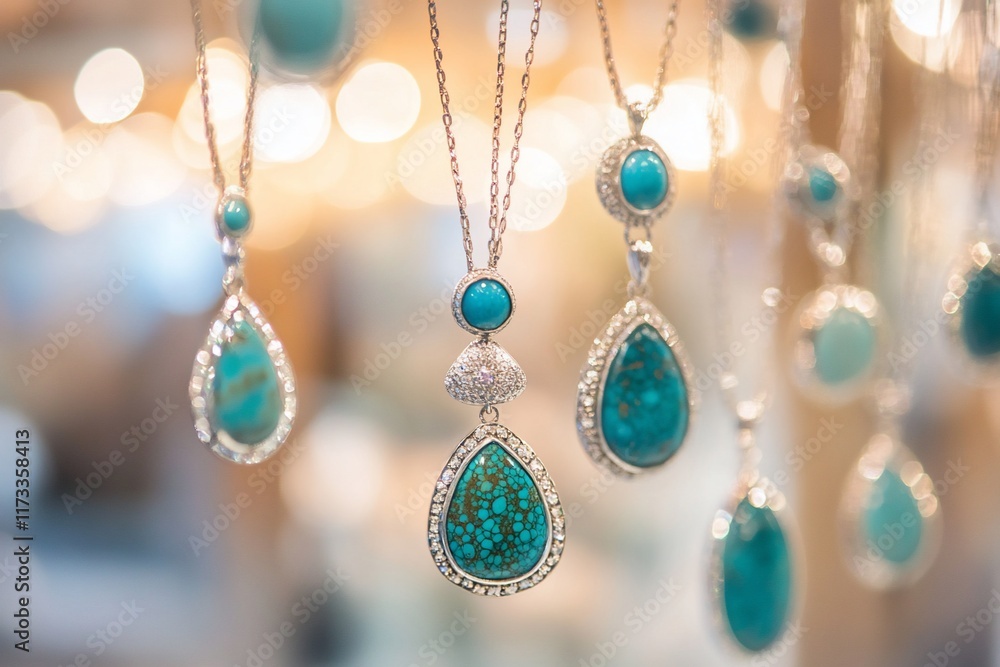 Poster close-up of turquoise pendants on display, showcasing intricate silver settings and varying teardrop
