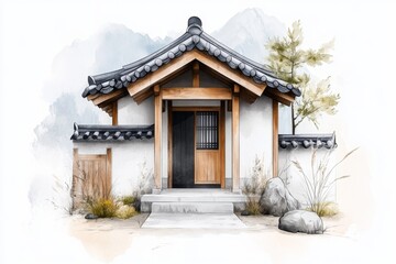 A simple line art of a Korean traditional house (hanok) with clean lines and neutral tones