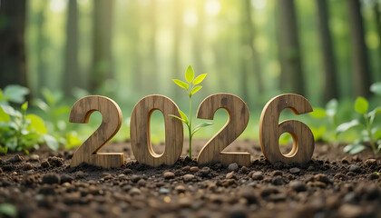 Sustainable Growth Concept With Wood Numerals 2026 in Nature Setting.