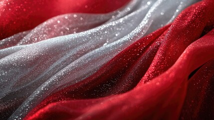 A mesmerizing scene of red and silver fabric gently flowing with shimmering sparkles, adding an elegant and festive touch to any event or celebration