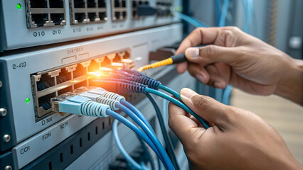 Hands Connecting Ethernet Cables to Network Switch in Data Center