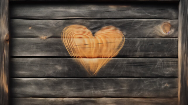 A heart burned onto a wooden panel, with visible wood texture