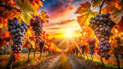 Autumn's golden hues paint the vineyard, ripe German wine grapes ready for harvest.