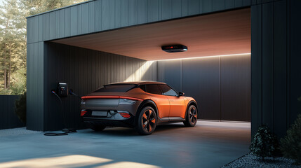 An electric car with wireless charging, parked in a minimalist garage