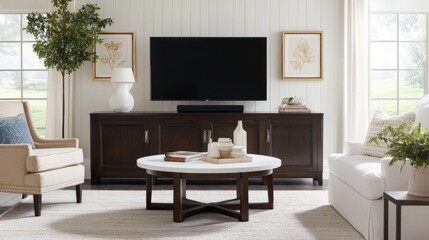 Modern living room with a TV, stylish furniture, and decorative plants.