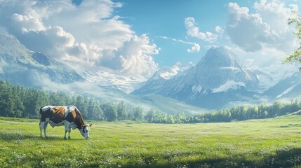 Obraz premium A peaceful moment of a cow grazing in a lush green field, framed by majestic mountains and bathed in a brilliant sunny sky, showcasing rural beauty