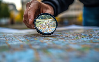 Detailed image of man using magnifier on cadastre map, inspecting land for sale, real estate investment, vacant land for housing and construction purposes