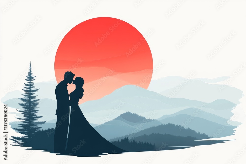 Poster a minimalist illustration of two silhouettes sharing a kiss, set against a simple gradient backgroun
