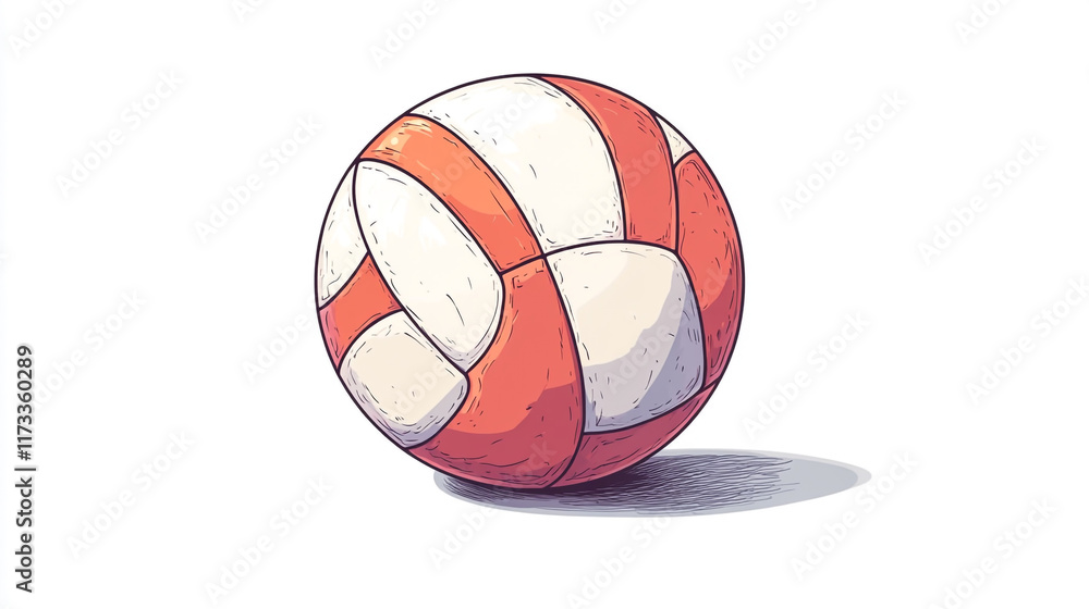 Poster volleyball with red and white panels resting on a surface with soft shadows