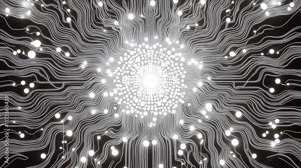 Poster abstract glowing circuit board design, radiating light and energy.