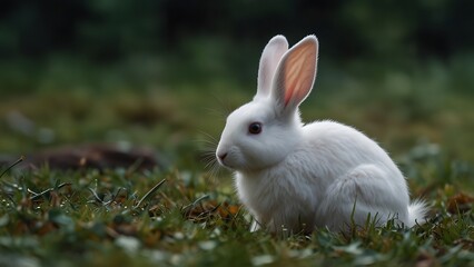 close up detailed photo of an albino or white rabbit that lives on green tree grassland forest habitat background