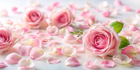 Delicate pink rose petals scattered on a soft, white background, with a few stems and leaves peeking through the edge, giving a sense of movement and life , botanical, pink flowers background