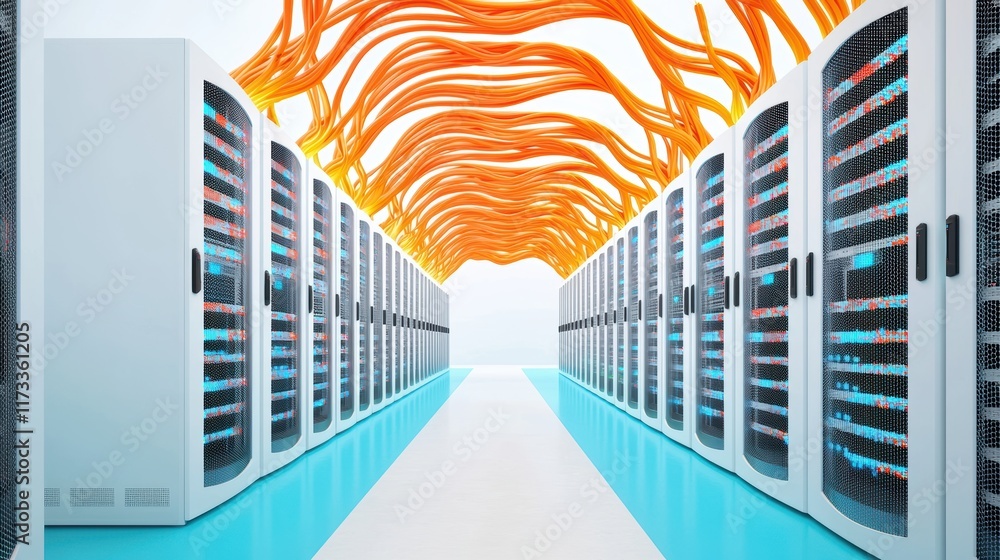 Poster a vast network of interconnected servers and data cables in a modern data center, representing the b