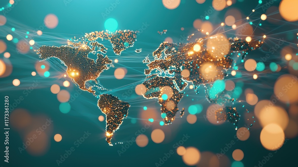 Poster a glowing network map of the world with data streams flowing between continents, illustrating global