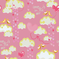 A romantic cut vector seamless pattern featuring cutout raining heart, heart shaped balloons, birds, clouds, and the phrase LOVE IS IN THE AIR on a sweet pink neutral backdrop. Ideal for Valentines