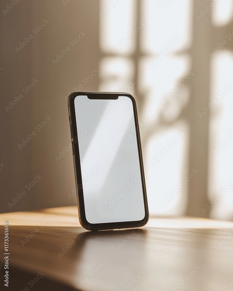 Poster smartphone with blank screen standing on wooden table in sunlight.