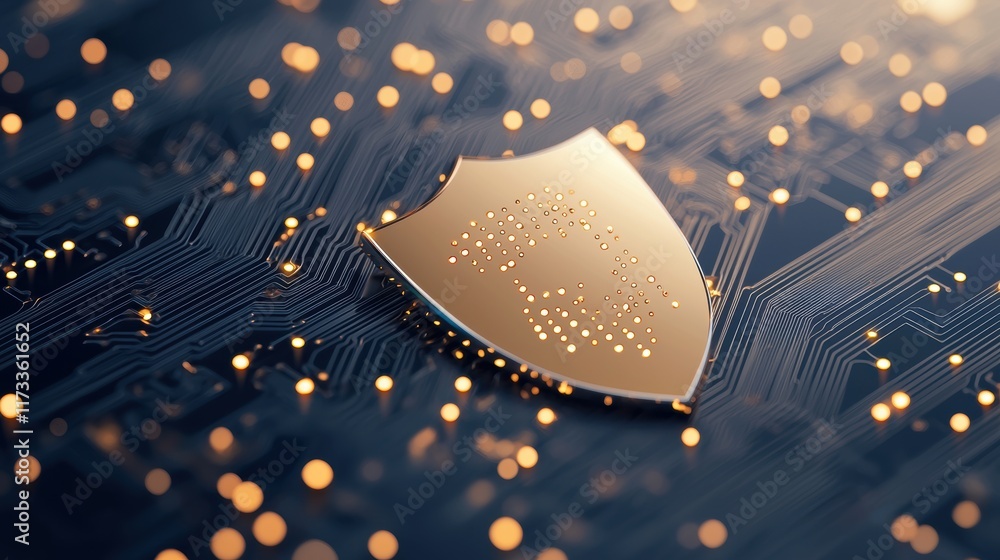 Poster a digital shield icon superimposed on a circuit board background, representing robust cybersecurity 