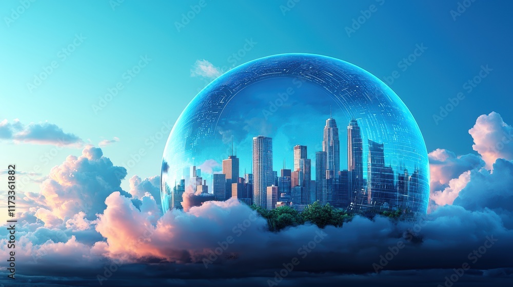 Poster a futuristic cityscape with a protective digital dome shielding it from cyberattacks, representing t