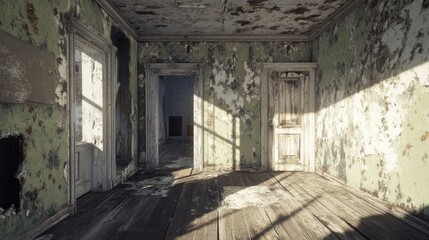 A room in severe disrepair with cracked, peeling walls and worn floors, conveying a sense of abandonment and neglect, ideal for decay and urban exploration themes